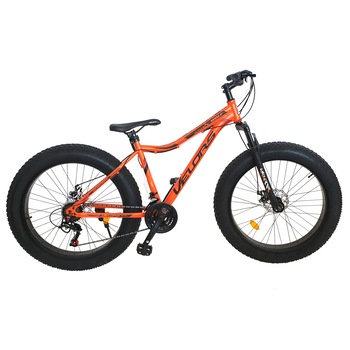 Bicicleta MTB Fat Bike Wolf JSX2605D, brand Velors, roata 26 inch, MTB, frana Disc fata/spate , echipare Shimano, 21 Viteze, marime M, portocaliu cu negru Bicicleta MTB Fat Bike Wolf JSX2605D, brand Velors, roata 26 inch, MTB, frana Disc fata/spate , echipare Shimano, 21 Viteze, marime M, portocaliu cu negru