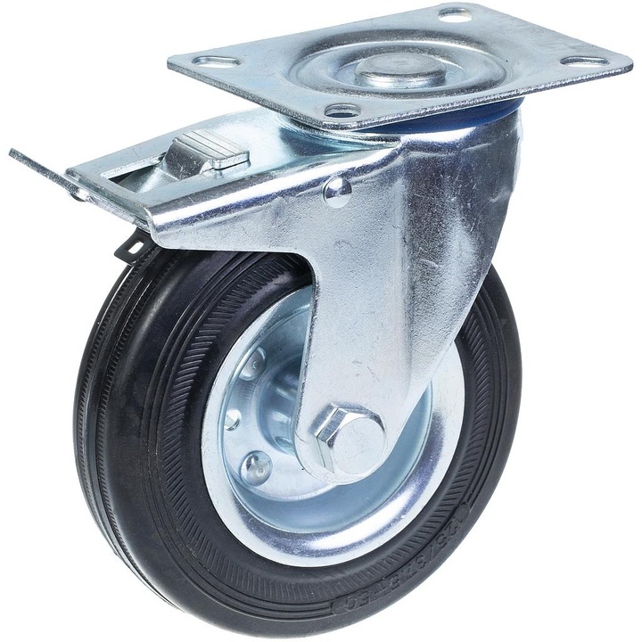 Roata pivotanta din cauciuc cu frana, Centru de rulment din otel, 120 kg, 125 mm, Argintiu/Negru