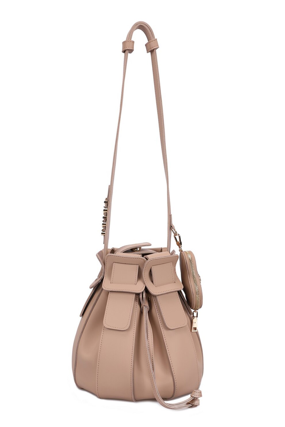 Juicy Couture, Geanta bucket din piele ecologica cu portmoneu detasabil, Maro nisip