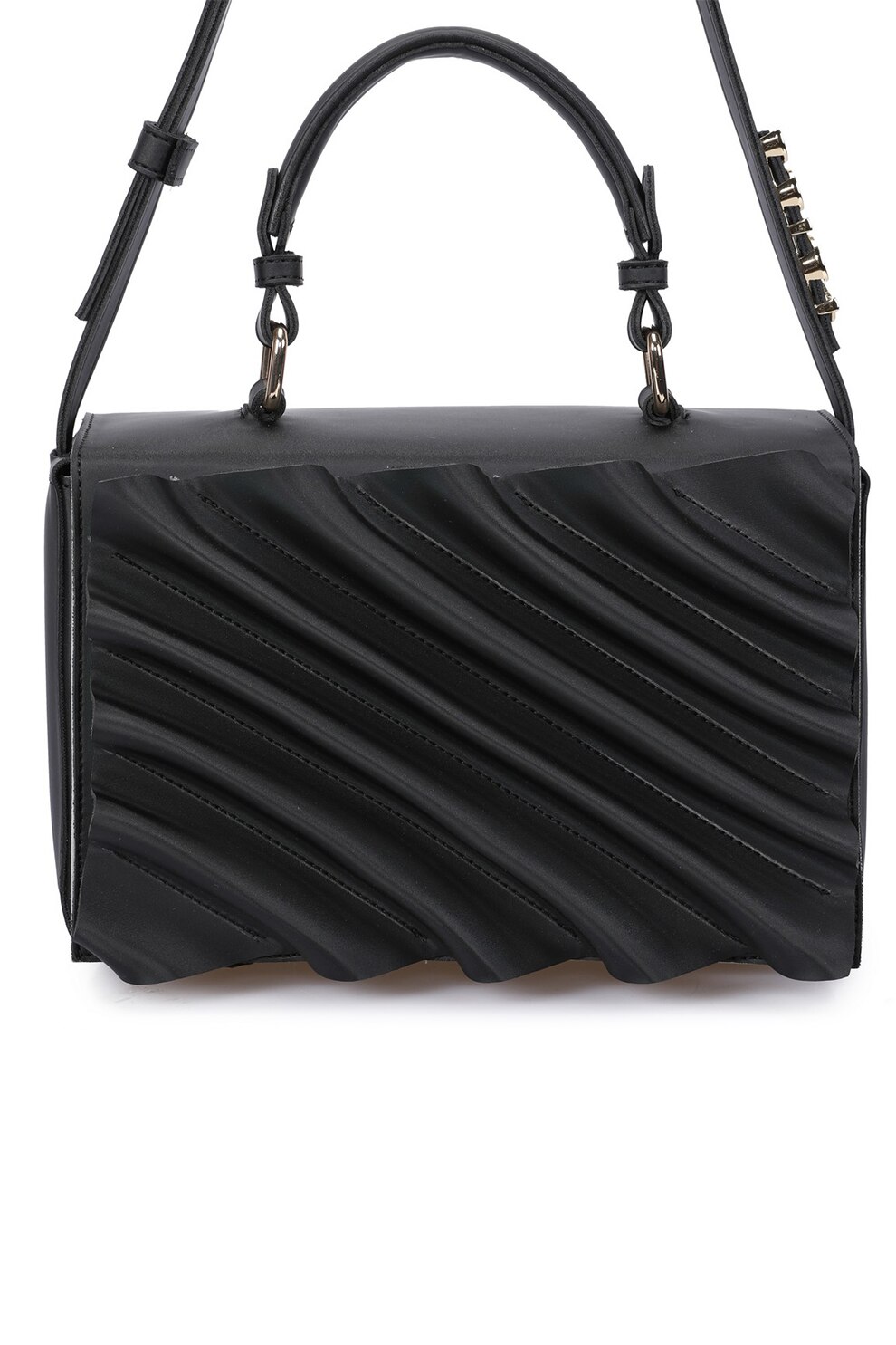 Juicy Couture, Geanta din piele ecologica cu bareta de umar si volan, Negru