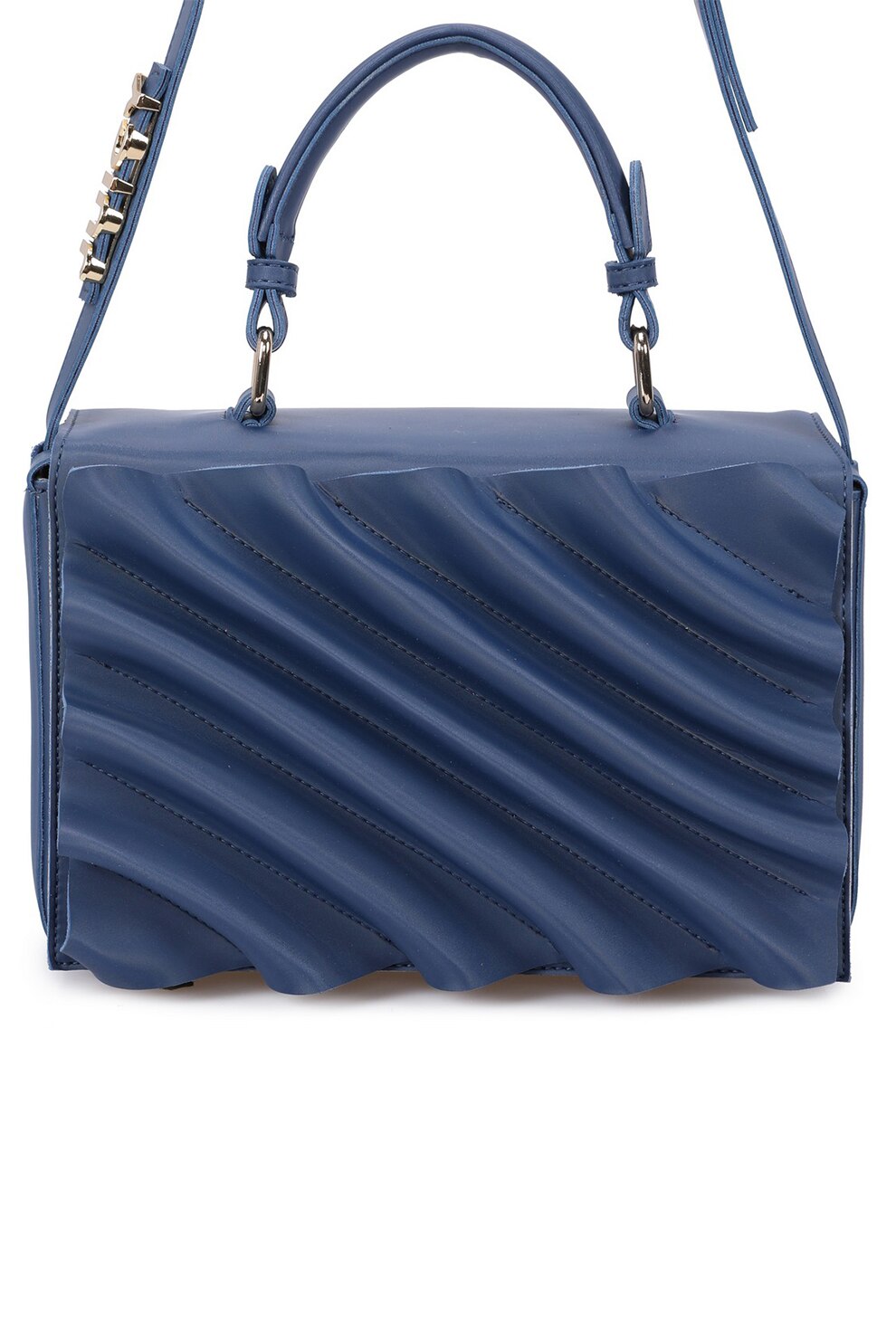 Juicy Couture, Geanta din piele ecologica cu bareta de umar si volan, Bleumarin