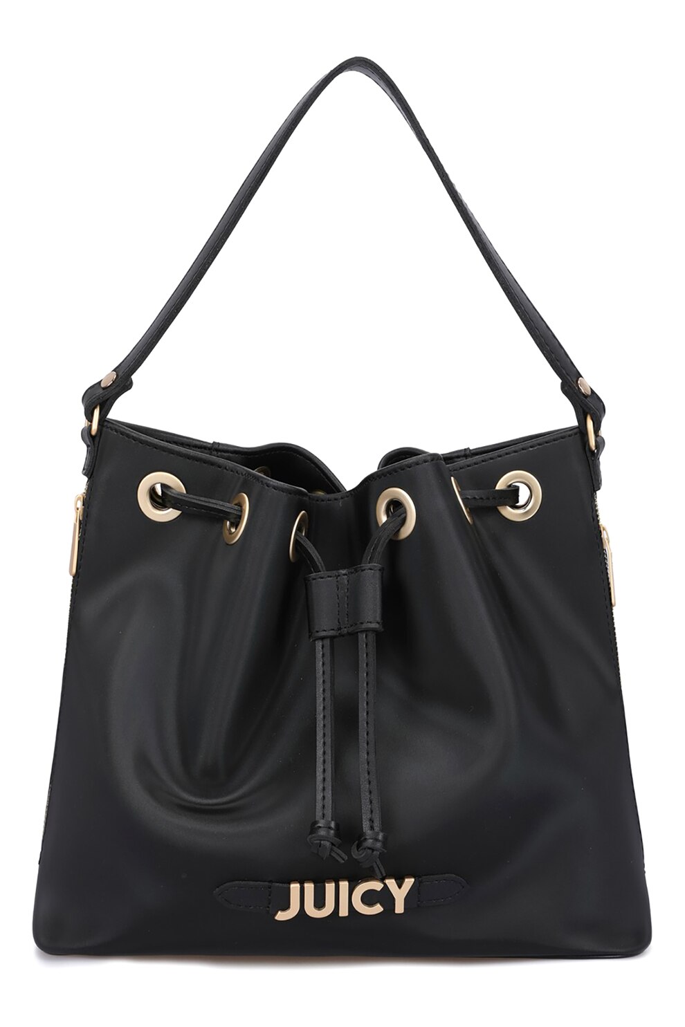 Juicy Couture, Geanta bucket din piele ecologica cu aplicatie logo metalica, Negru/auriu