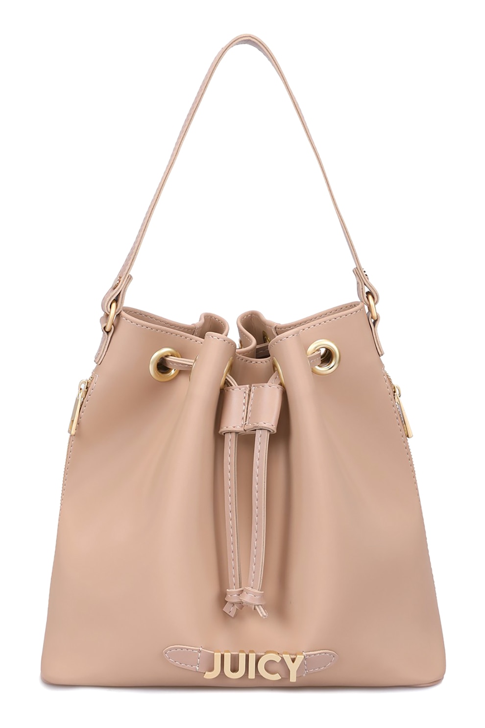 Juicy Couture, Geanta bucket din piele ecologica cu aplicatie logo metalica, Maro nisip