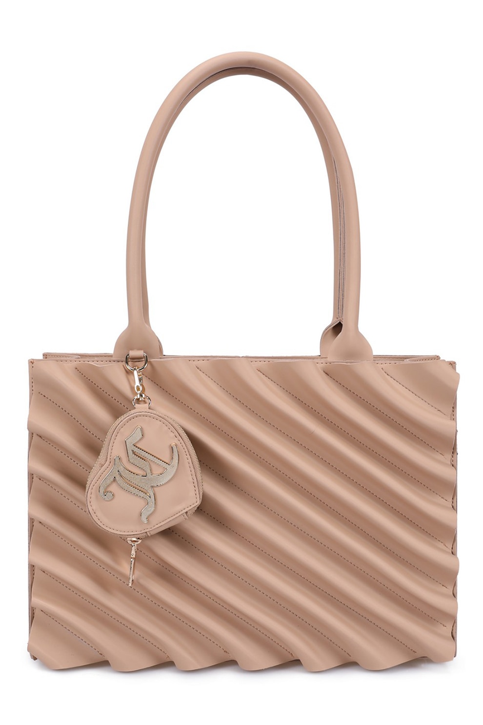 Juicy Couture, Geanta din piele ecologica cu bareta de umar si logo metalic, Maro nisip