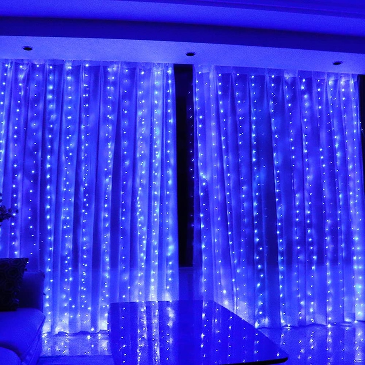 Perdea Lumini LED YWX, 3 x 1 m, 100 Becuri, USB, 8 Functii, Telecomanda, Margele de lampa impermeabila, albastru