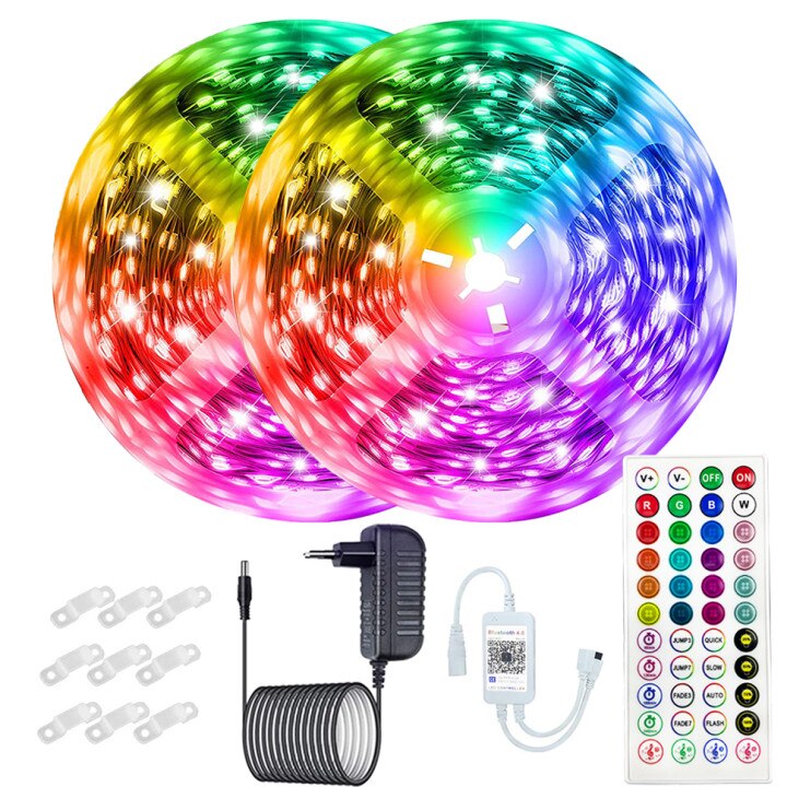 Kit Banda LED RGBYWX, 2 x 5 m, Bluetooth, Sincronizare cu Muzica, Telecomanda, 12 V, Multicolor