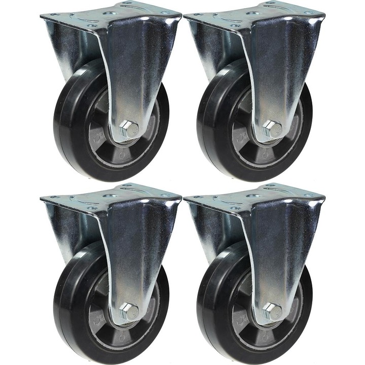 Set 4 roti fixe din cauciuc, Centru din aluminiu, Rulmenti cu bile, 1320 kg, 152 mm, Argintiu/Negru