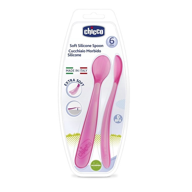 Set 2 Lingurite din silicon Chicco, Roz