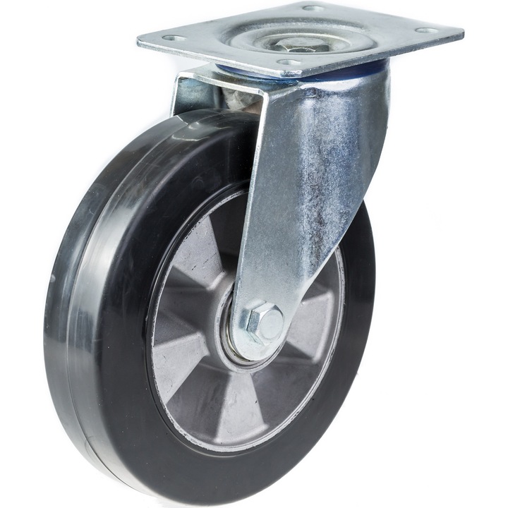 OEM Tömörgumi kerék készlet, 4 db, 2 forgó / 2 forgófék, alumínium középső, golyóscsapágyak, 1400 kg, 200 mm, fekete / ezüst