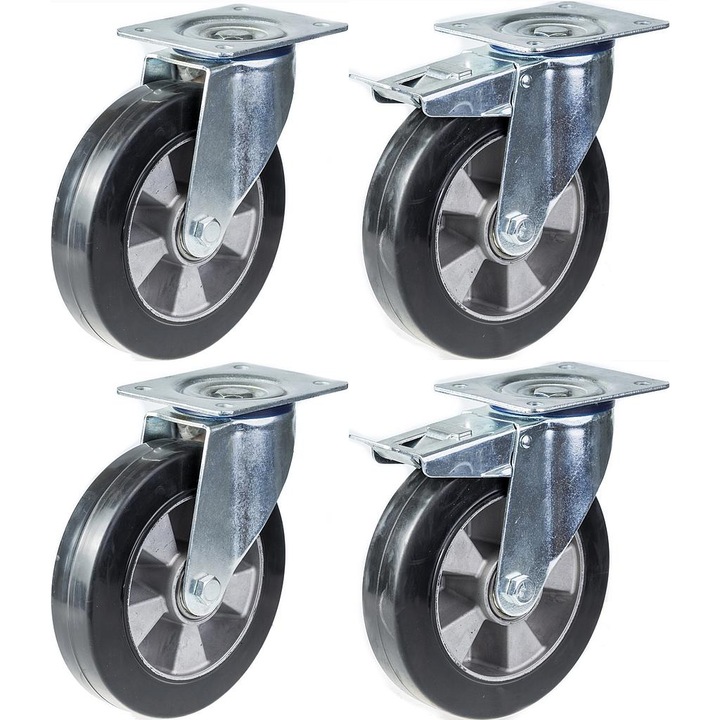 Set 4 roti cu cauciuc solid, 2 pivotante/2 pivotante cu frana, Centru din aluminiu, Rulmenti cu bile, 1400 kg, 200 mm, Negru/Argintiu