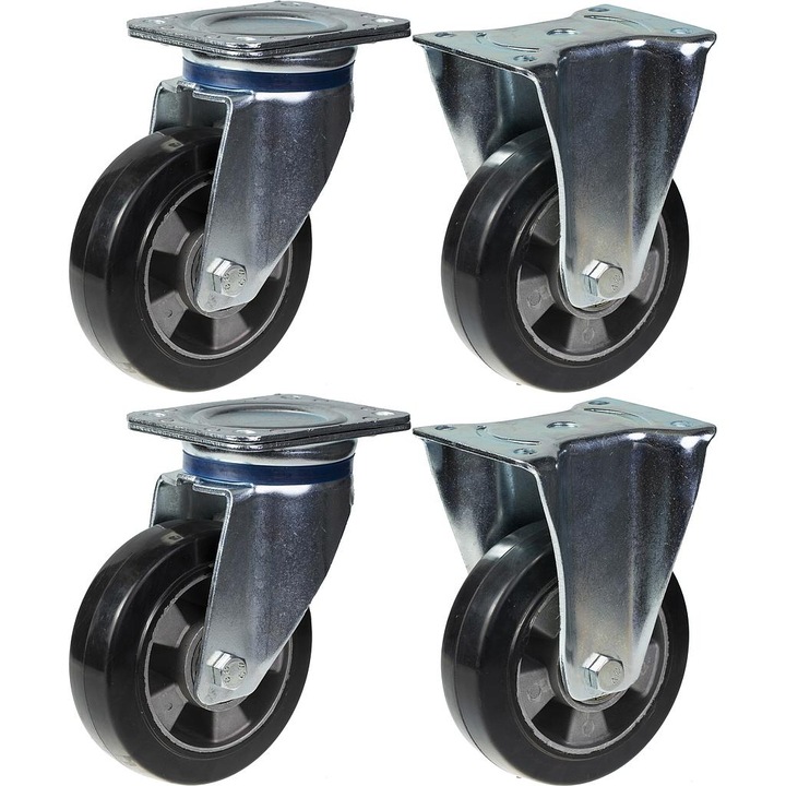 OEM Gumikerék készlet, 4 db, 2 forgó / 2 fix, Alumínium középső, Golyóscsapágyak, 1320 kg, 152 mm, Ezüst / Fekete