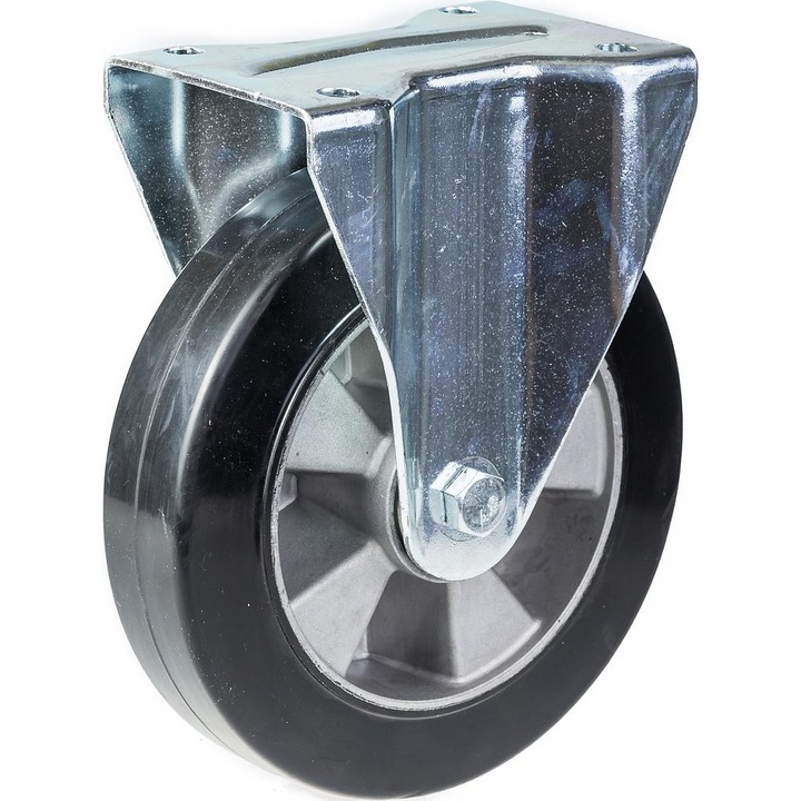 Roata fixa din cauciuc, Centru din aluminiu, Rulmenti cu bile, 330 kg, 152 mm, Argintiu/Negru