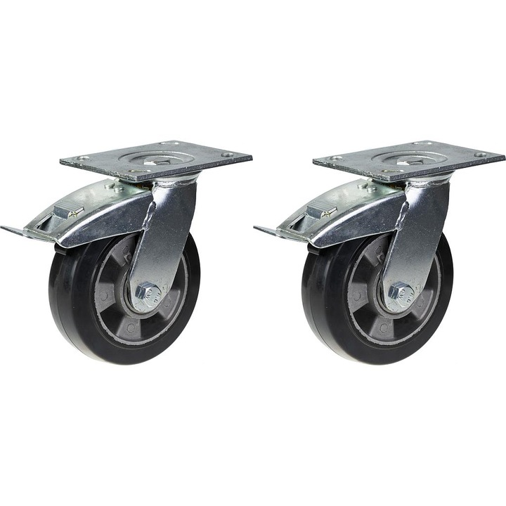 Set 2 roti cu frana din cauciuc, Centru din aluminiu, Rulmenti cu bile, 660 kg, 152 mm, Argintiu/Negru