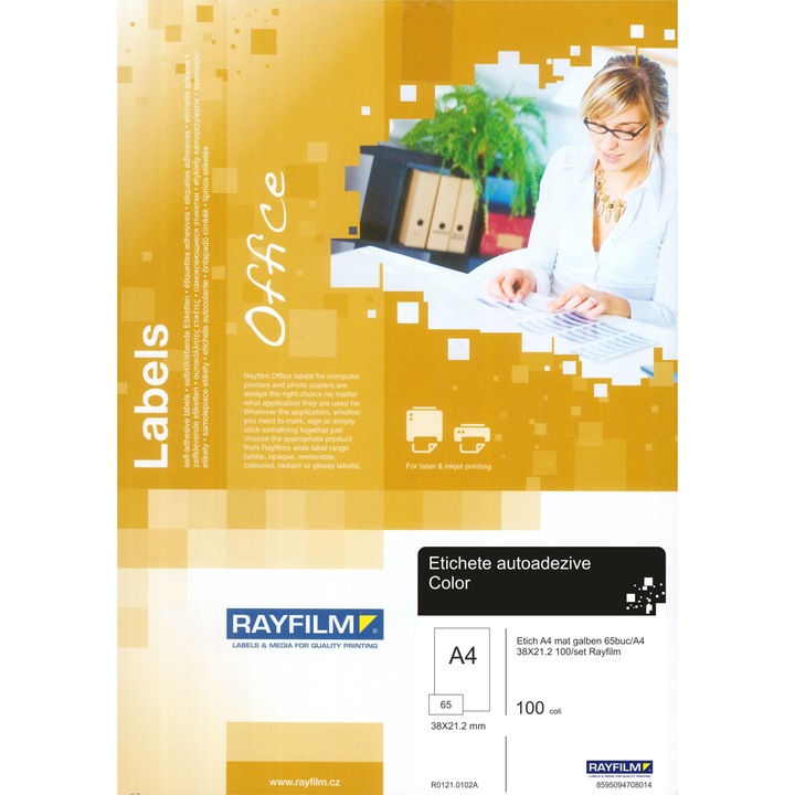 Etichete autoadezive A4 mat galben 65buc/A4 38X21.2 100/set Rayfilm