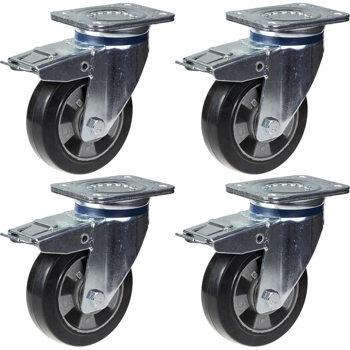 Set 4 roti cu frana din cauciuc, Centru de aluminiu, Rulmenti cu bile, 1320 kg, 152 mm, Argintiu/Negru