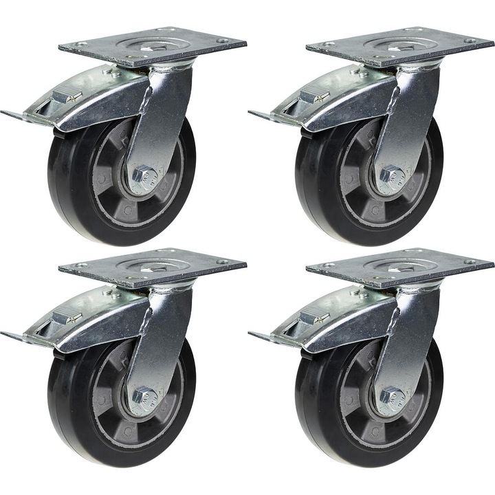 Set 4 roti cu frana din cauciuc, Centru de aluminiu, Rulmenti cu bile, 1320 kg, 152 mm, Argintiu/Negru