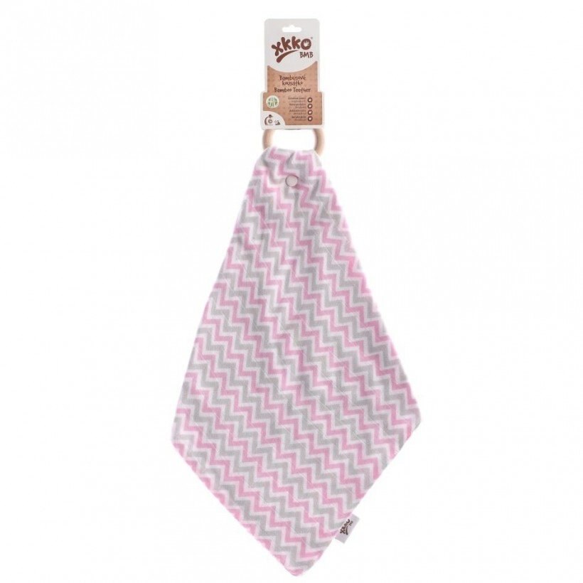 Inel din lemn de artar pentru dentitie Baby Chevron, Roz