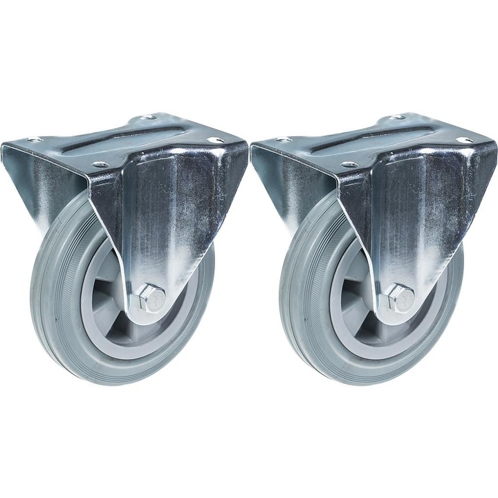 Set 2 roti fixe din cauciuc, Centru din plastic, Rulment simplu, 270 kg, 160 mm, Gri/Argintiu