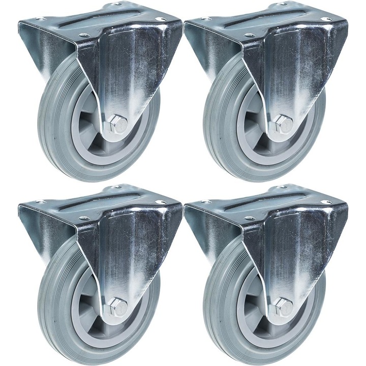 Set 4 roti fixe din cauciuc, Centru din plastic, Rulment cu role, 540 kg, 160 mm, Gri/Argintiu