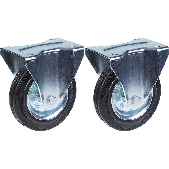 Set 2 roti fixe din cauciuc, Centru din otel, 300 kg, 160 mm, Negru/Argintiu