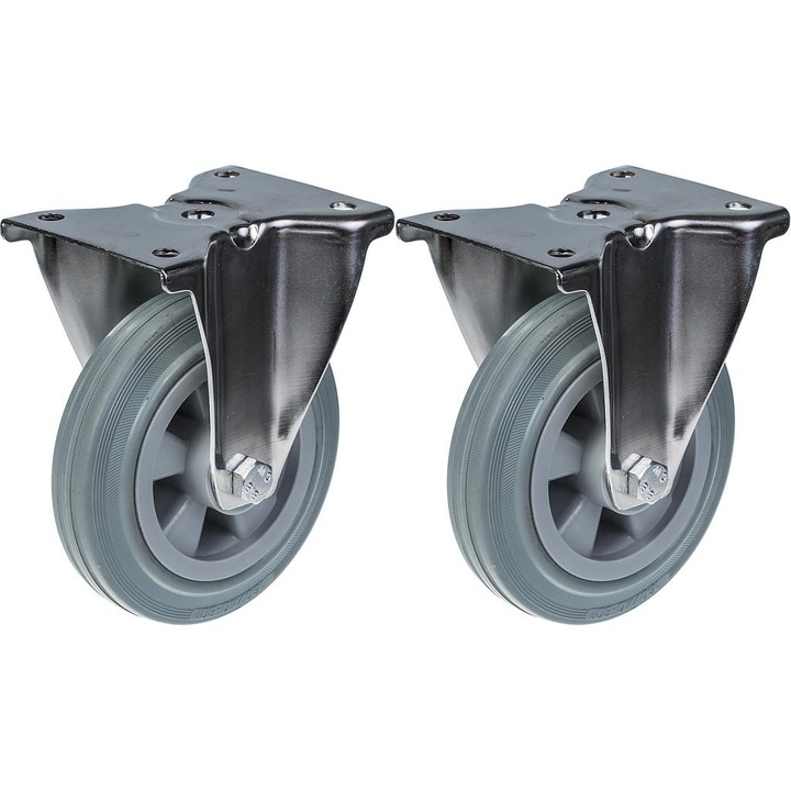 Set 2 roti fixe din otel inoxidabil cu cauciuc solid, Centru din plastic, Rulment simplu, 270 kg, 160 mm, Gri/Argintiu