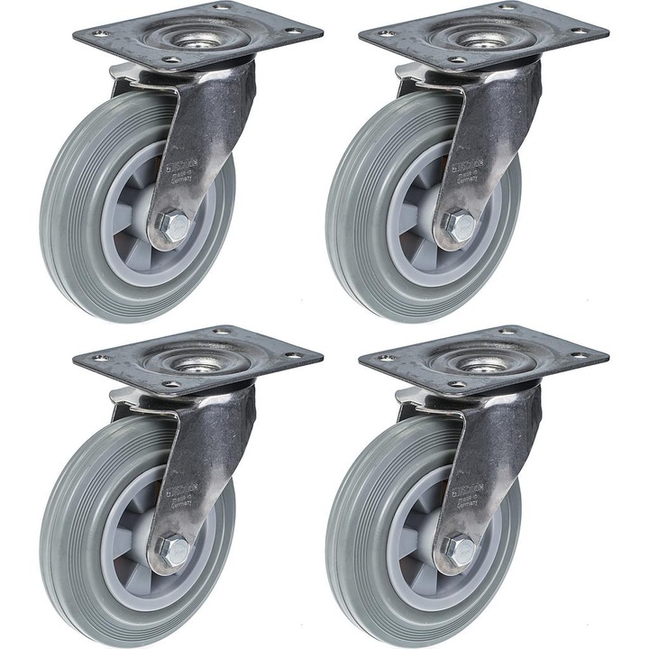 Set 4 roti pivontante din otel inoxidabil cu cauciuc solid, Centru din plastic, Rulment simplu, 540 kg, 160 mm, Gri/Argintiu