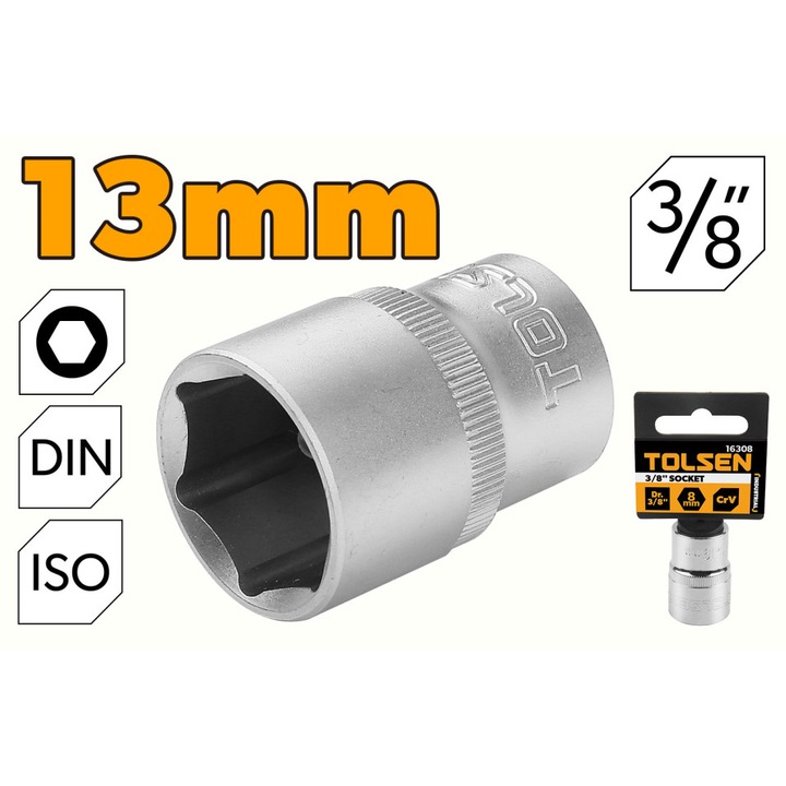 Cheie tubulara 3/8" Cr-V 13 mm, TOLSEN, DIN3124, ISO2725-1, finisaj crom lucios, tratament termic, canelura de retinere, actionare manuala, Industrial