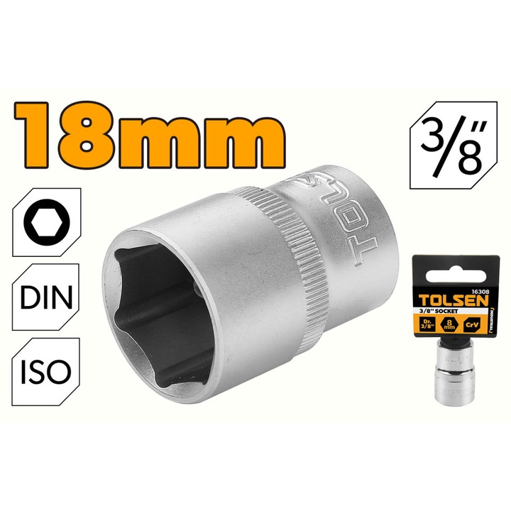 Cheie tubulara 3/8" Cr-V 18 mm, TOLSEN, DIN3124, ISO2725-1, finisaj crom lucios, tratament termic, canelura de retinere, actionare manuala, Industrial