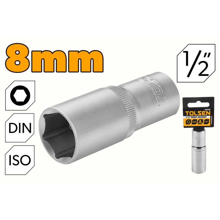 Cheie tubulara lunga TOLSEN 1/2" Cr-V 8 mm, 50BV30, tratament termic, standard DIN3124/ISO2725, canal retinere bila, cromata, actionare manuala, Industrial
