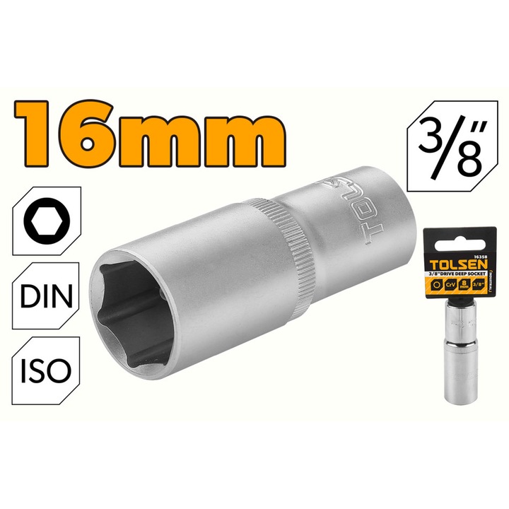 Cheie tubulara adanca TOLSEN 3/8" Cr-V 16 mm, 50BV30, tratata termic, standard DIN3124/ISO2730, canelura retinere, cromata, utilizare manuala, Industrial