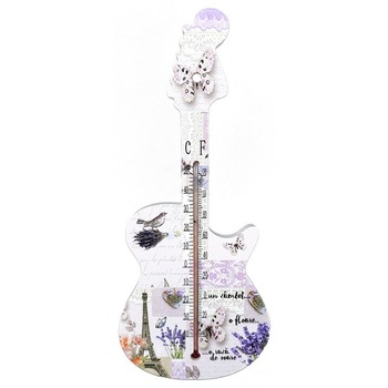 Termometru de camera din lemn, in forma de chitara cu citate, 11 x 26 cm Termometru de camera din lemn, in forma de chitara cu citate, 11 x 26 cm