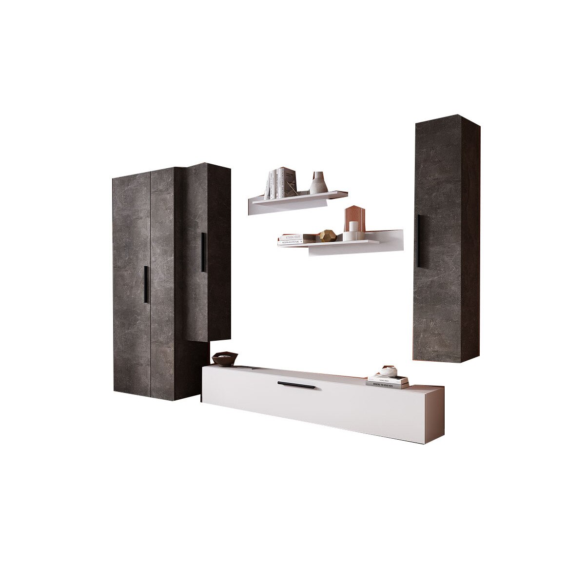 Set Living Pati 131 Mobila Sufragerie Gri Beton Alb pal melaminat 16mm L 310 cm x A 35 x H 185 cm