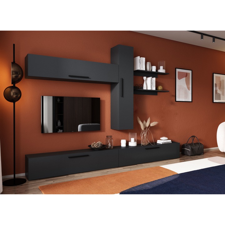 Set Living Pati 132 Mobila Sufragerie Gri Antracit pal melaminat 16mm L 276 cm x A 26,7 x H 190 cm