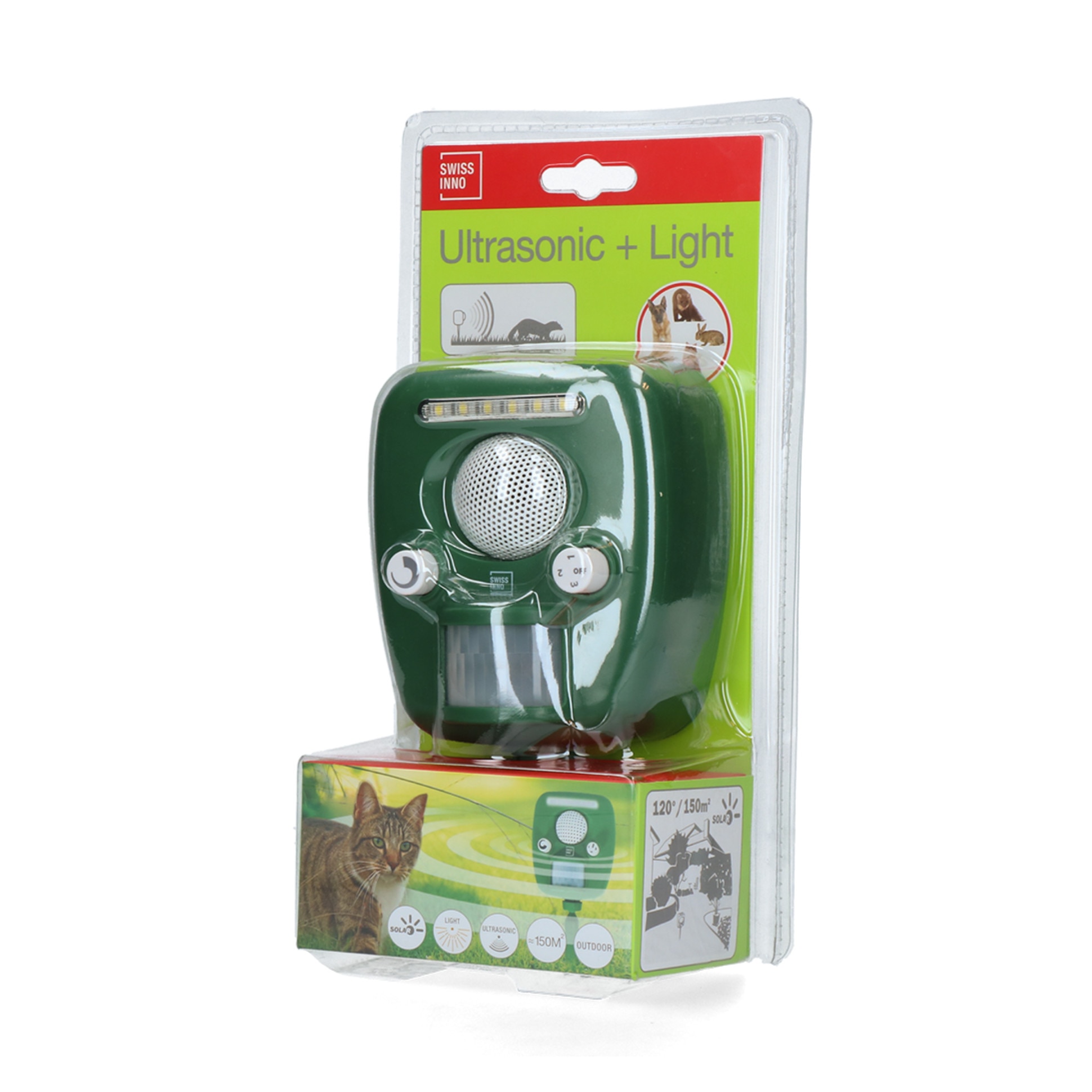 Dispozitiv cu ultrasunete pentru alungarea animalelor, incarcare solara, Swissinno Ultrasonic Animal Repeller PRO, 150 mp