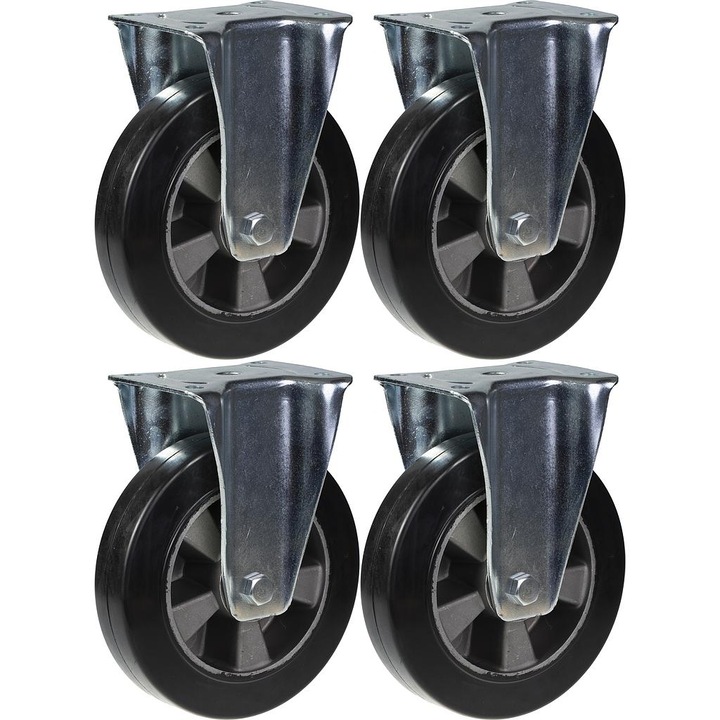 Set 4 roti fixe cu cauciuc solid, Centru din aluminiu, Rulmenti cu bile, 1800 kg, 200 mm, Negru/Argintiu