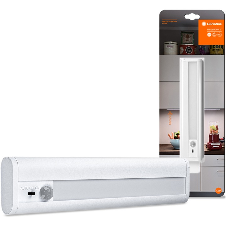 Corp de iluminat LED liniar LEDVANCE cu senzor de miscare, PIR, 2W, 90 lm, lumina neutra (4000K), IP20, lungime 200 mm, On/Off, Aluminiu, Alb, montaj aplicat, 4xAA 1.5V