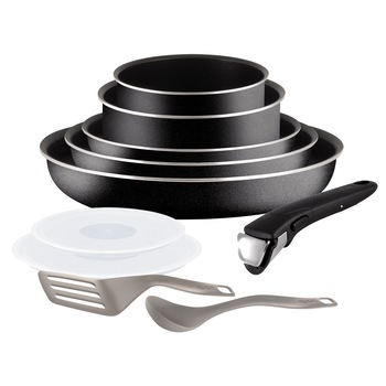 Set de 10 piese Tefal Ingenio Essential, tigaie 20/22/26 cm, craticioara 16/18 cm, capace de plastic 16/18 cm, 2 spatule, maner, negru Set de 10 piese Tefal Ingenio Essential, tigaie 20/22/26 cm, craticioara 16/18 cm, capace de plastic 16/18 cm, 2 spatule, maner, negru