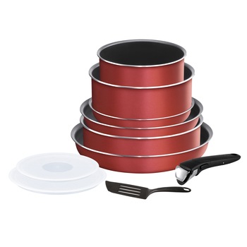 Set de 10 piese Tefal Ingenio Essential, tigaie 20/22/26 cm, cratita 24 cm, craticioara 16/18 cm, capace de plastic 16/18 cm, 1 spatula, maner, rosu Set de 10 piese Tefal Ingenio Essential, tigaie 20/22/26 cm, cratita 24 cm, craticioara 16/18 cm, capace de plastic 16/18 cm, 1 spatula, maner, rosu