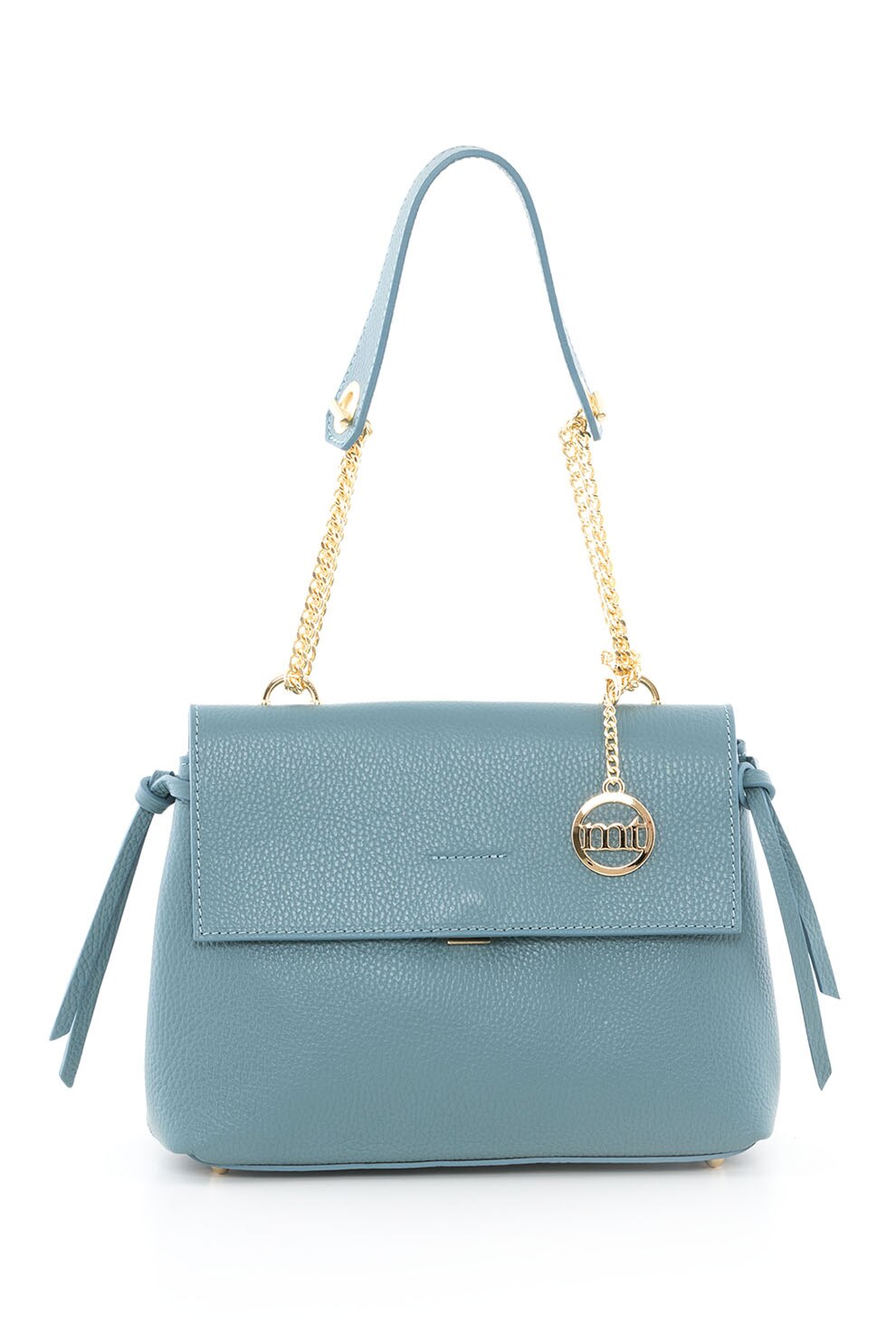 Mia Tomazzi, Geanta de piele cu bareta de umar si clapa Udine, Albastru deschis