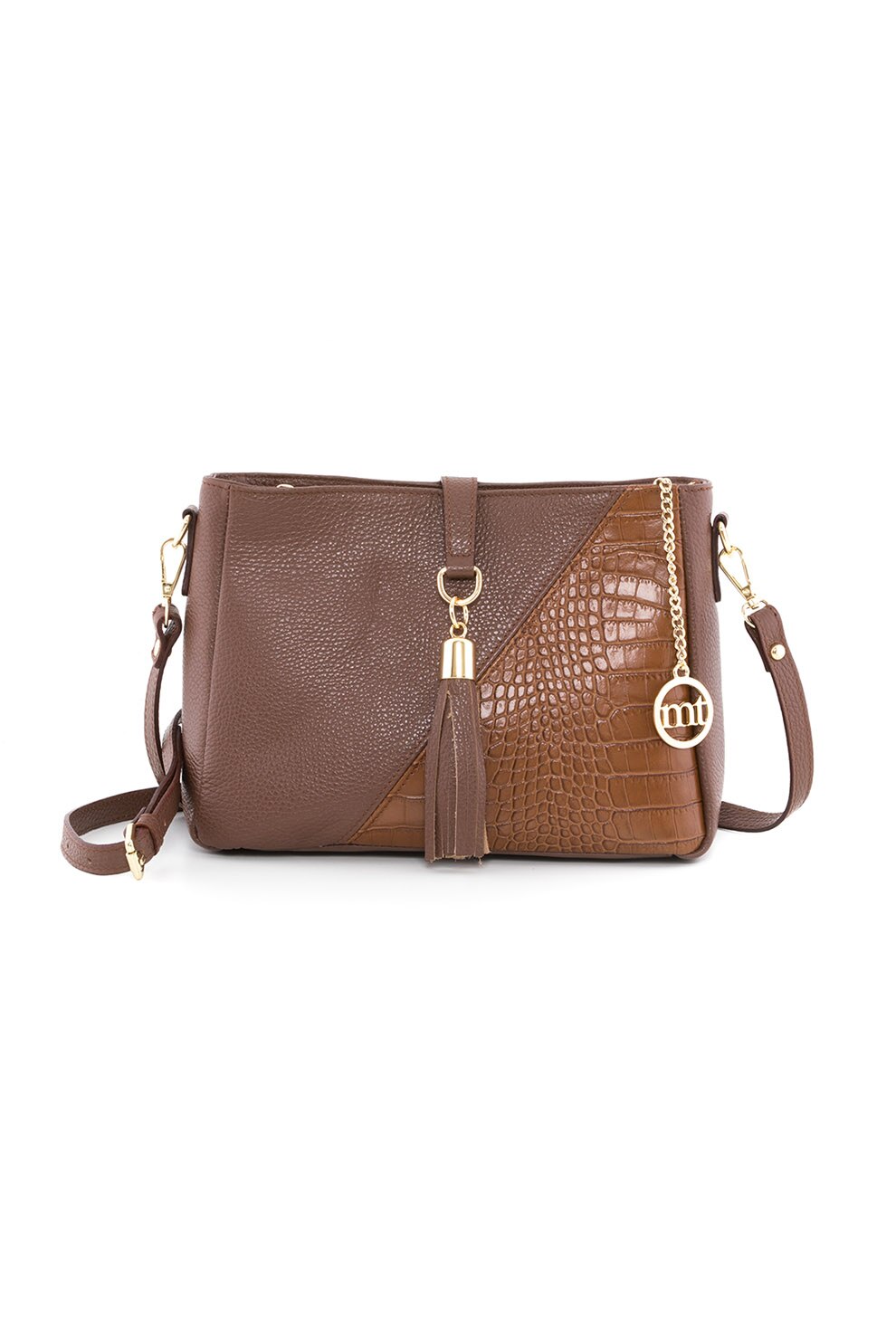 Mia Tomazzi, Geanta crossbody de piele cu model piele de reptila Durazzo, Maro/maro caramel