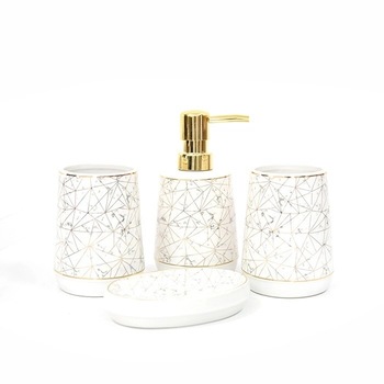 Set 4 Accesorii pentru Baie din Ceramica, Alb Auriu Set 4 Accesorii pentru Baie din Ceramica, Alb Auriu