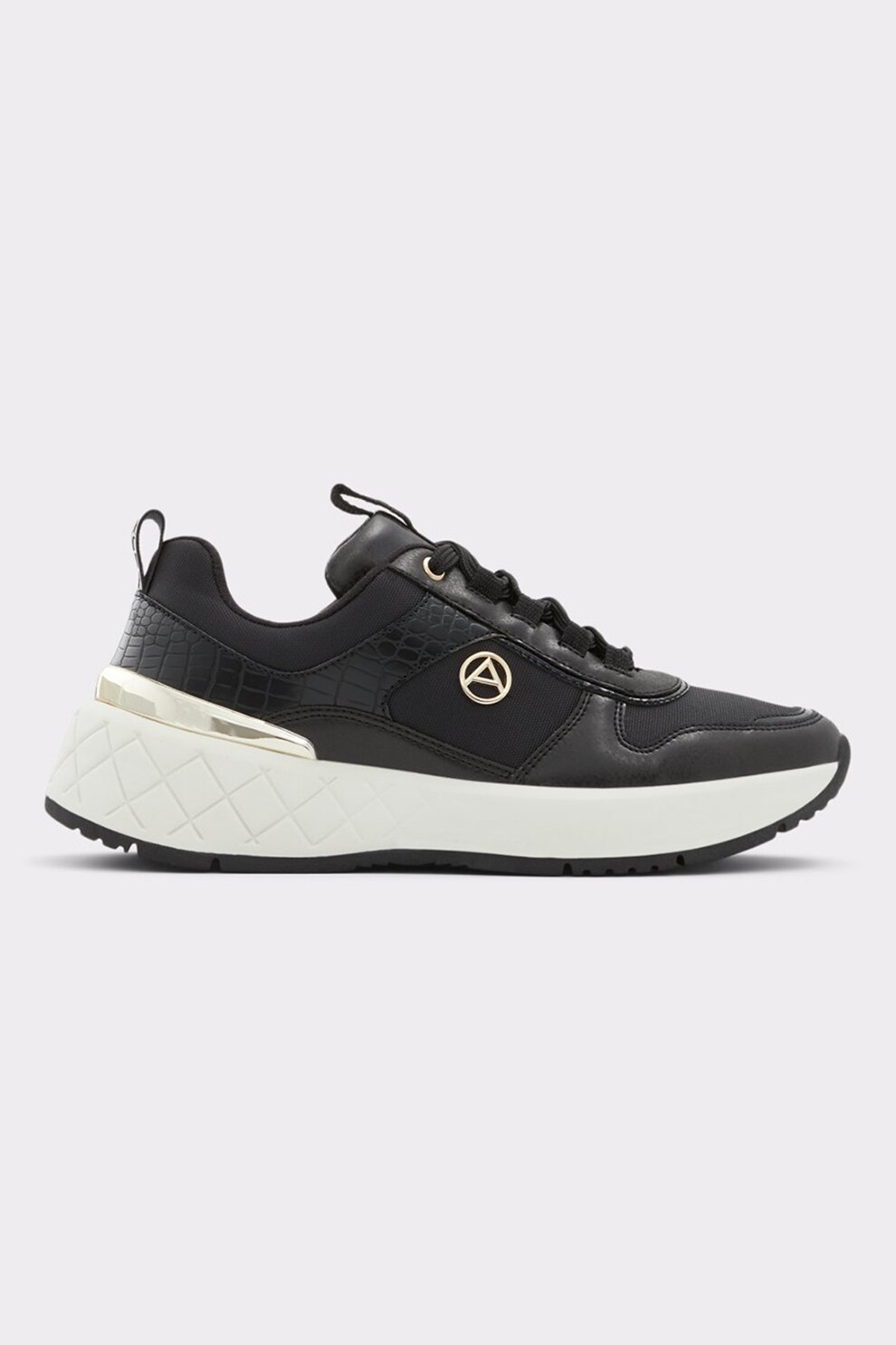 Aldo, Pantofi sport cu detaliu cu logo metalic Citycozy, Negru/Auriu
