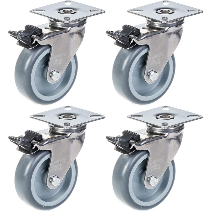 Cauciuc gri din otel inoxidabil ( 75mm 3 ") pivotant cu frana, 240 kg, set de 4, rezistenta crescuta