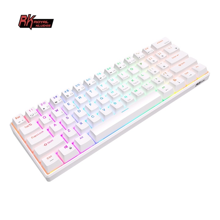 Механична игрална клавиатура Royal Kludge RK61, 61 клавиша, hotswap, RGB осветление, 60%, Keycaps ABS двоен изстрел, безжична или кабелна връзка, 750 mAh батерия, преносима, бяла, RK61