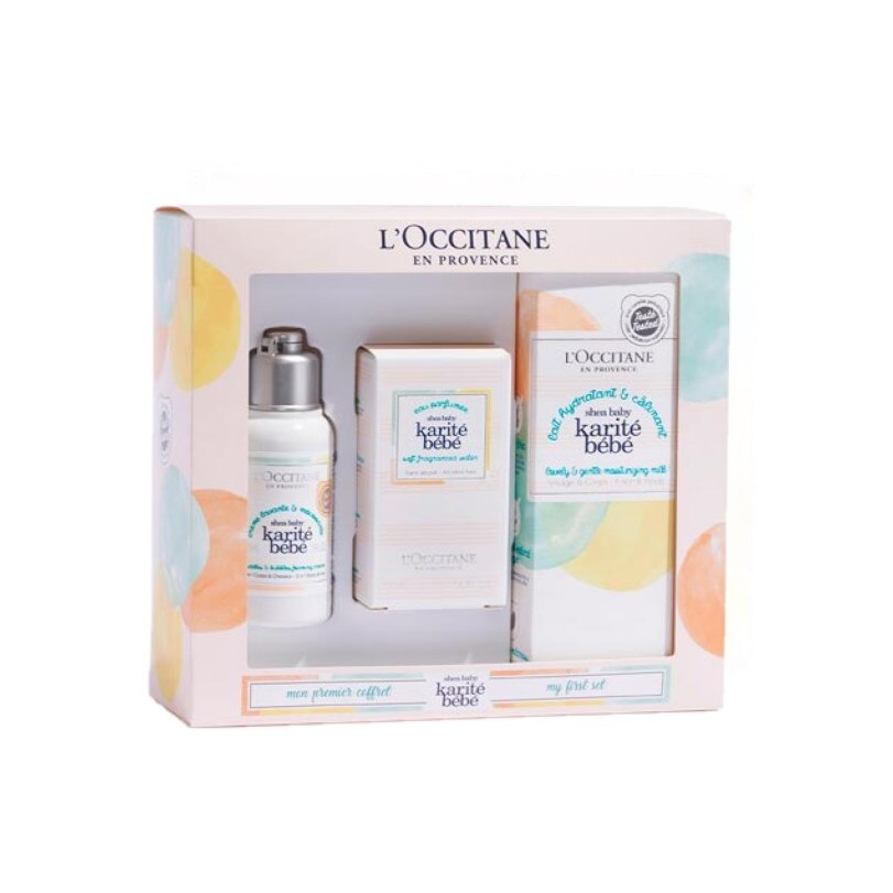 Set pentru bebelusi Apa Parfumata L'Occitane Karite Bebe 50 ml Lapte de corp hidratant L'Occitane Karite Bebe 100 ml Spuma crema pentru baie - corp si par L'Occitane Karite Bebe 75 ml