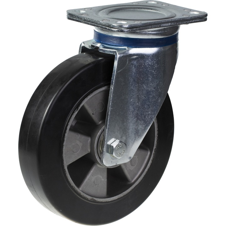 OEM Tömörgumi kerék készlet, 4 db, 2 forgó / 2 fix, Alumínium középső, Golyóscsapágyak, 1800 kg, 200 mm, Fekete / Ezüst