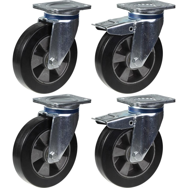 OEM 4 db tömörgumi kerék készlet, 2 forgó / 2 forgófék, alumínium középső, golyóscsapágyak, 1800 kg, 200 mm, fekete / ezüst