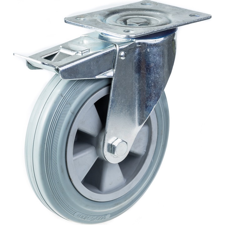 OEM Gumikerék készlet, 4 db, 2 db forgófék / 2 db fix, Műanyag középső, Gördülőcsapágy, 820 kg, 200 mm, Szürke / Ezüst