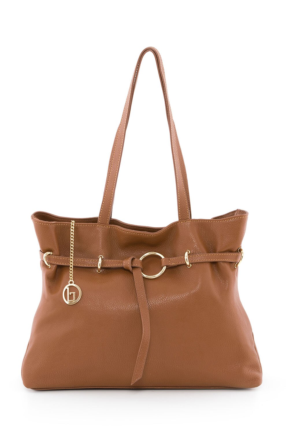 Lia Biassoni, Geanta de piele cu bareta de umar si detaliu cu inel, Ocru