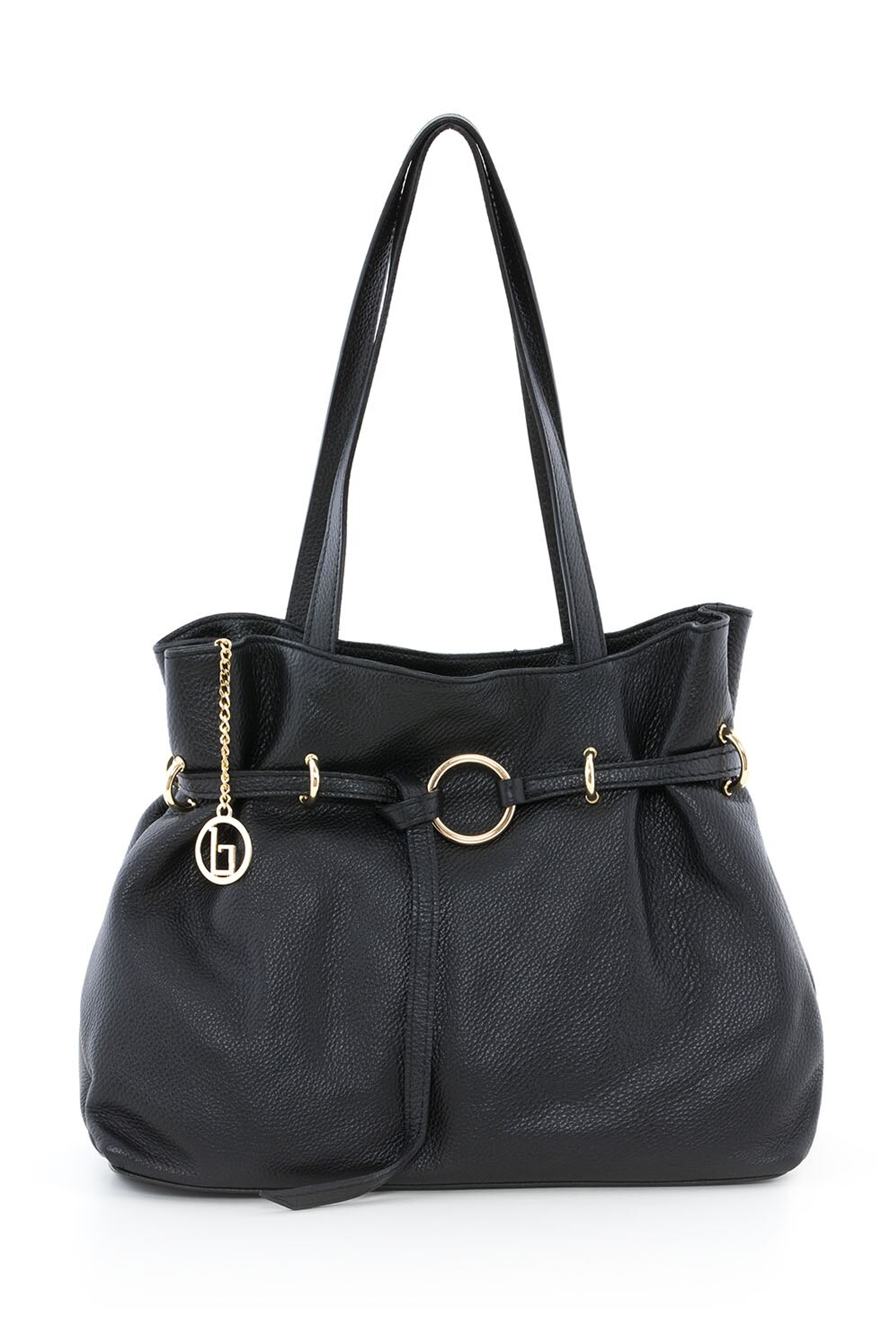 Lia Biassoni, Geanta de piele cu bareta de umar si detaliu cu inel, Negru